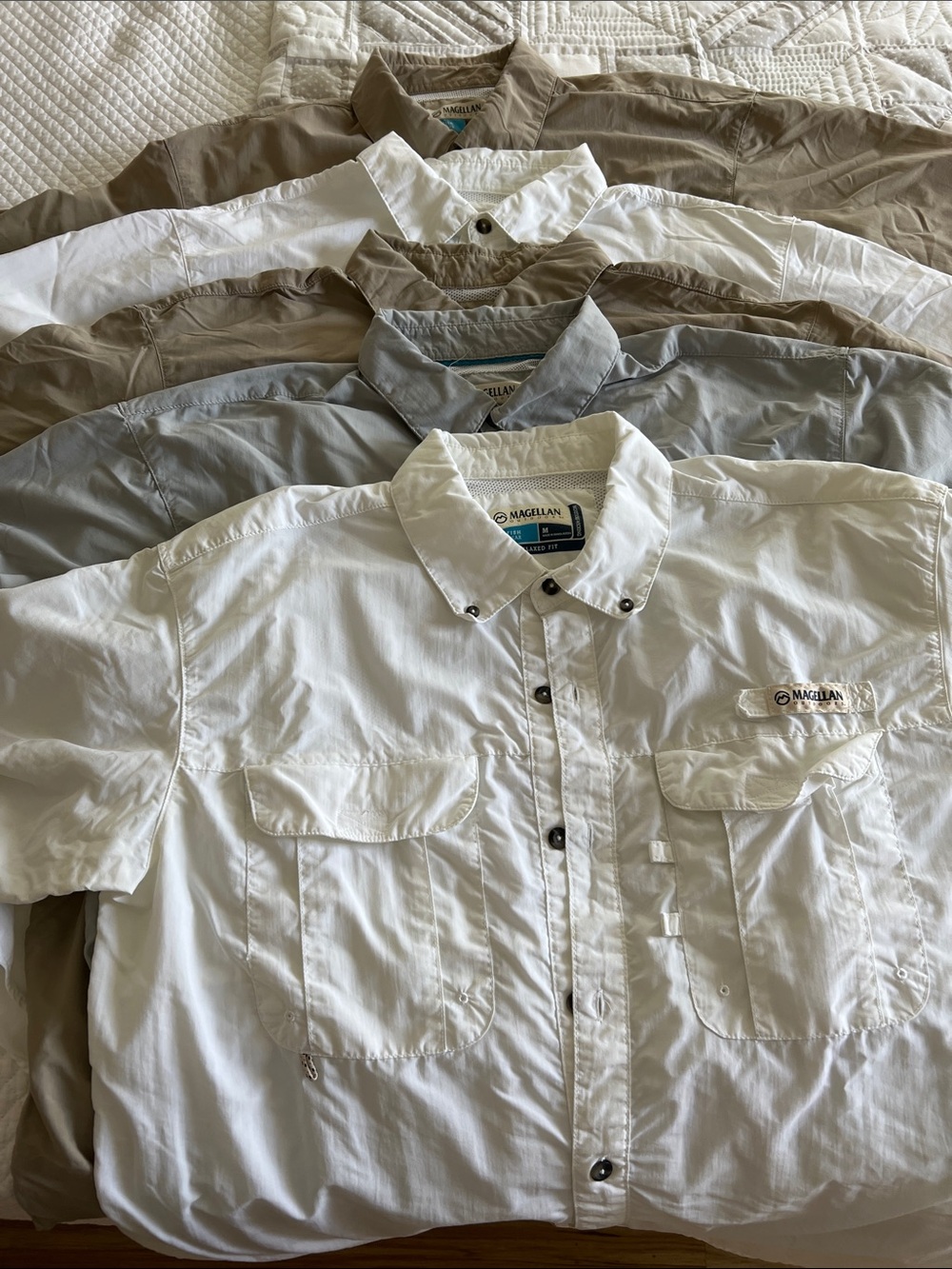 Magellan Outdoors Men's Button-Up Fishing Shirt in White and Tan
